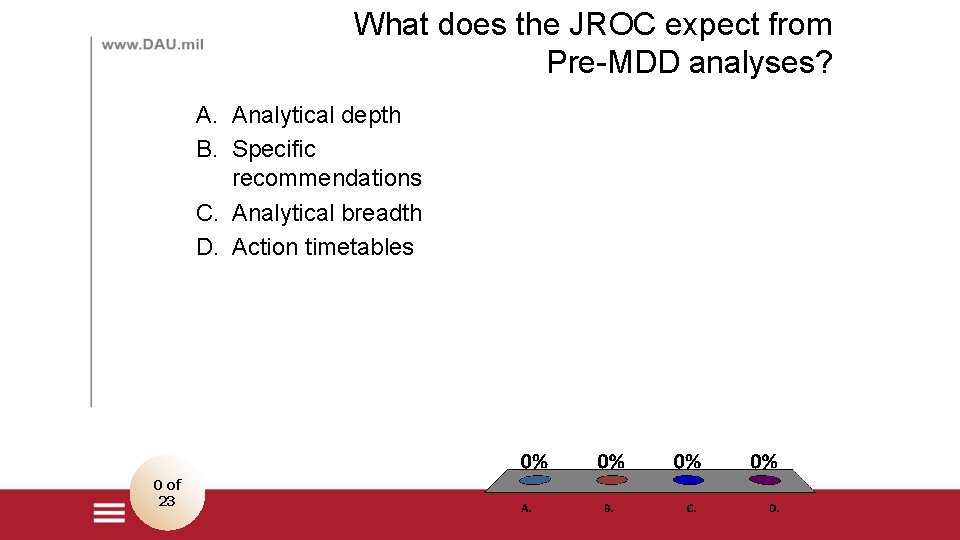 What does the JROC expect from Pre-MDD analyses? A. Analytical depth B. Specific recommendations