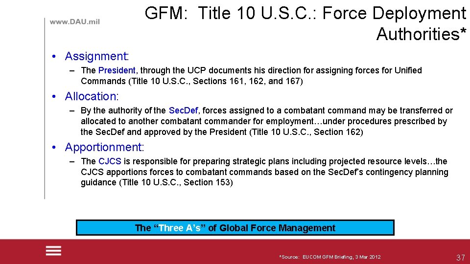 GFM: Title 10 U. S. C. : Force Deployment Authorities* • Assignment: – The