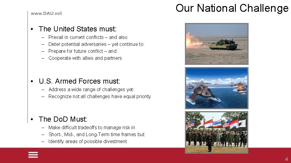 Our National Challenge • The United States must: – – Prevail in current conflicts