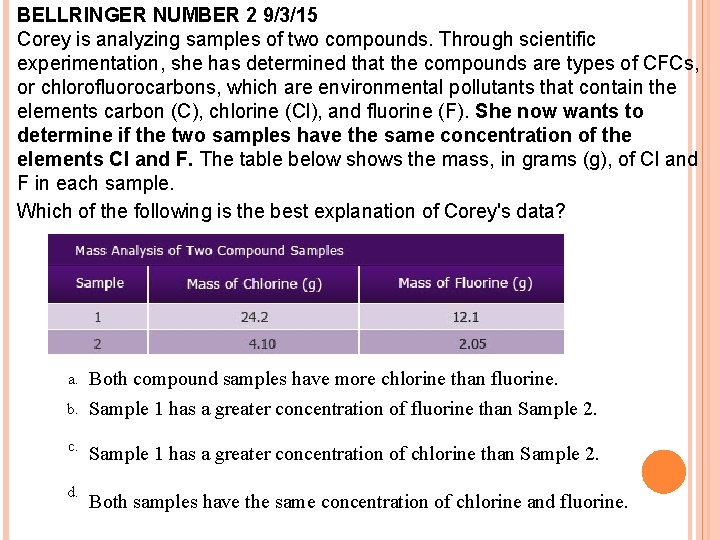 BELLRINGER NUMBER 2 9/3/15 Corey is analyzing samples of two compounds. Through scientific experimentation,