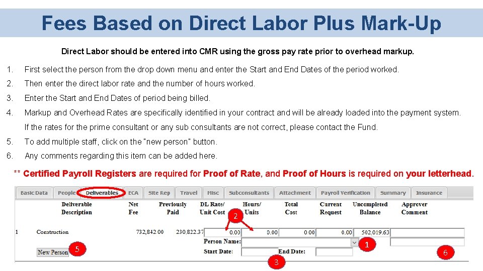 Fees Based on Direct Labor Plus Mark-Up Direct Labor should be entered into CMR