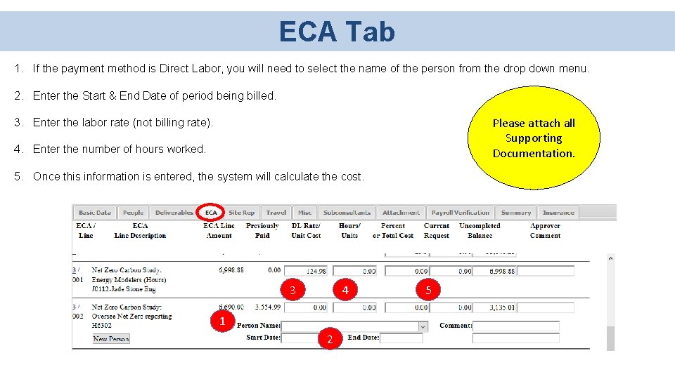 ECA Tab 1. If the payment method is Direct Labor, you will need to