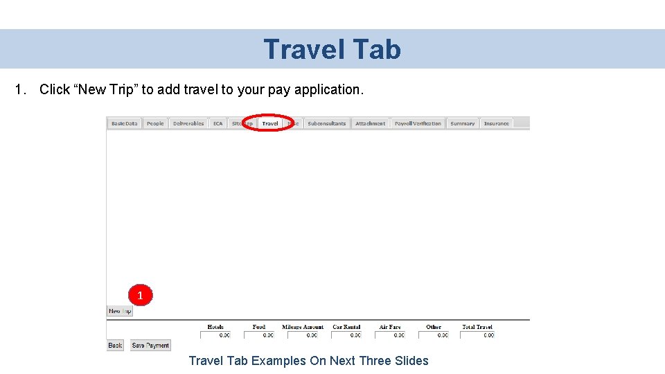 Travel Tab 1. Click “New Trip” to add travel to your pay application. 1