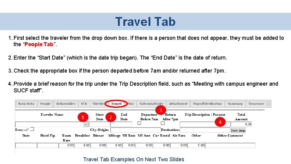 Travel Tab 1. First select the traveler from the drop down box. If there