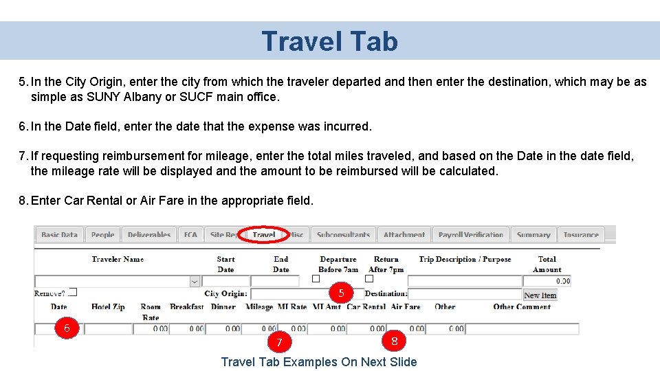 Travel Tab 5. In the City Origin, enter the city from which the traveler