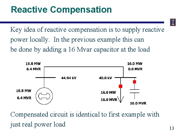 Reactive Compensation Key idea of reactive compensation is to supply reactive power locally. In