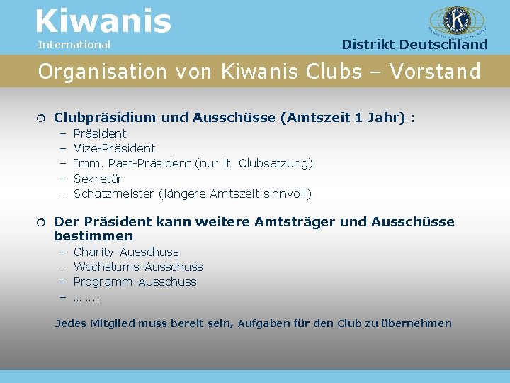 Kiwanis International Distrikt Deutschland Organisation von Kiwanis Clubs – Vorstand Clubpräsidium und Ausschüsse (Amtszeit