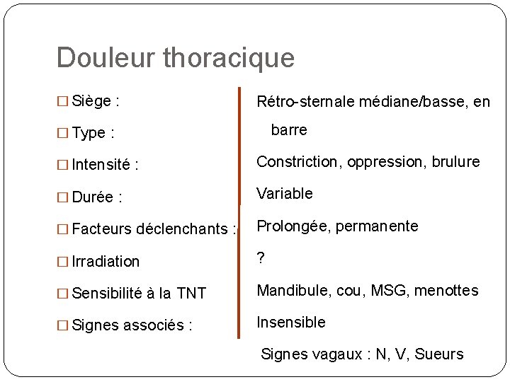 Douleur thoracique � Siège : Rétro-sternale médiane/basse, en barre � Type : � Intensité