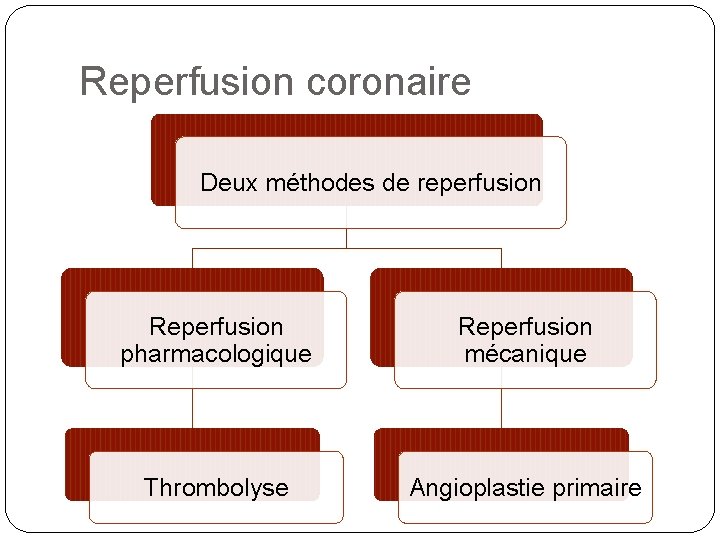 Reperfusion coronaire Deux méthodes de reperfusion Reperfusion pharmacologique Reperfusion mécanique Thrombolyse Angioplastie primaire 
