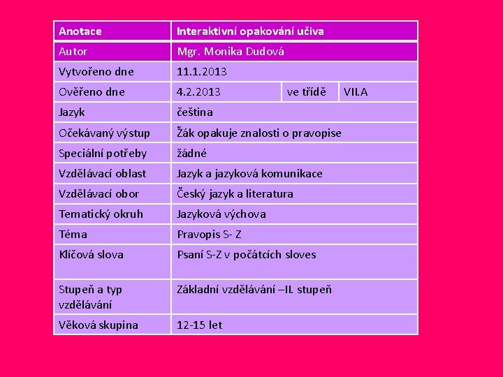 Anotace Interaktivní opakování učiva Autor Mgr. Monika Dudová Vytvořeno dne 11. 1. 2013 Ověřeno