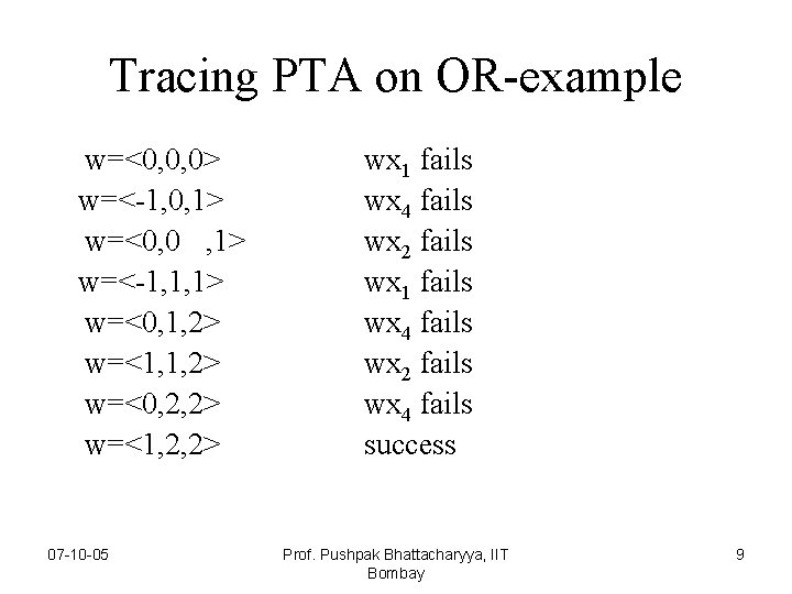 Tracing PTA on OR-example w=<0, 0, 0> w=<-1, 0, 1> w=<0, 0 , 1>