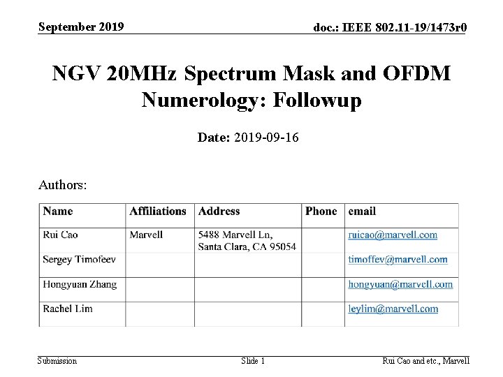 September 2019 doc. : IEEE 802. 11 -19/1473 r 0 NGV 20 MHz Spectrum