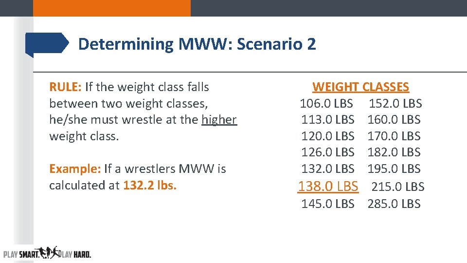 Determining MWW: Scenario 2 RULE: If the weight class falls between two weight classes, Determining MWW: Scenario 2 RULE: If the weight class falls between two weight classes,