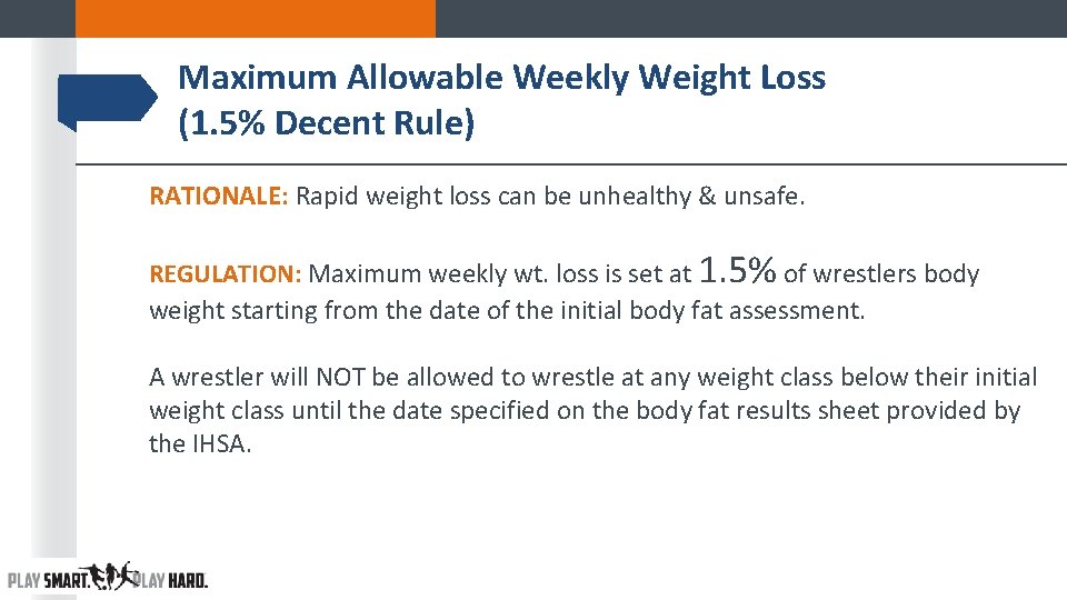 Maximum Allowable Weekly Weight Loss (1. 5% Decent Rule) RATIONALE: Rapid weight loss can Maximum Allowable Weekly Weight Loss (1. 5% Decent Rule) RATIONALE: Rapid weight loss can