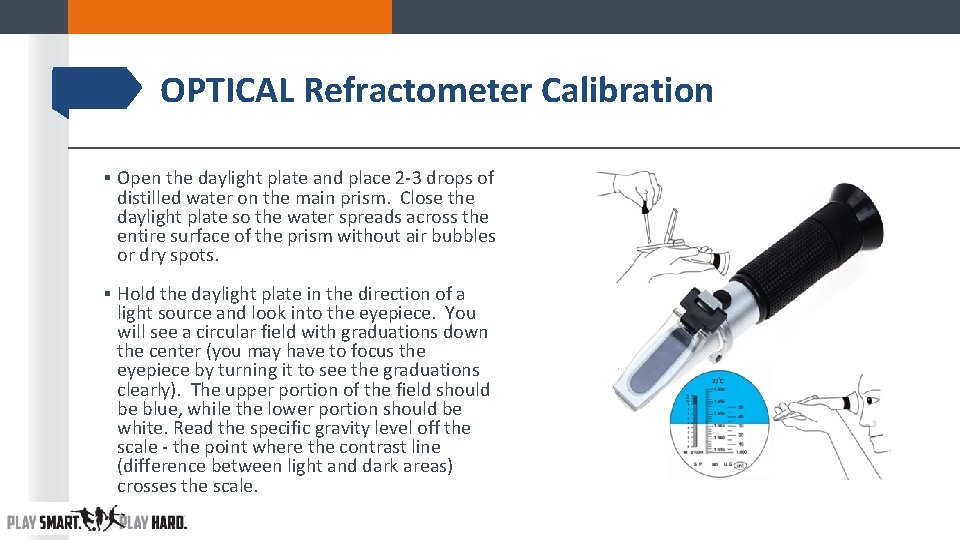 OPTICAL Refractometer Calibration ▪ Open the daylight plate and place 2 -3 drops of OPTICAL Refractometer Calibration ▪ Open the daylight plate and place 2 -3 drops of