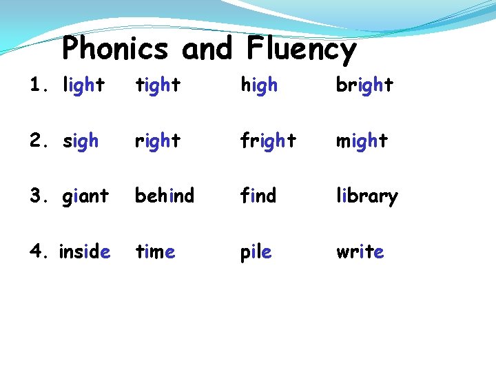 Phonics and Fluency 1. light tight high bright 2. sigh right fright might 3.