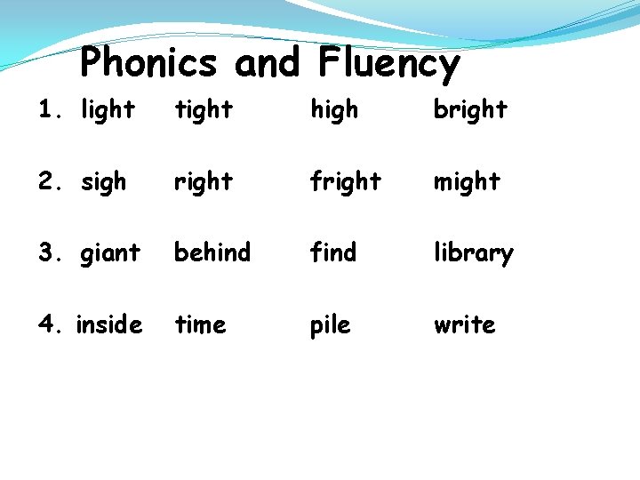 Phonics and Fluency 1. light tight high bright 2. sigh right fright might 3.