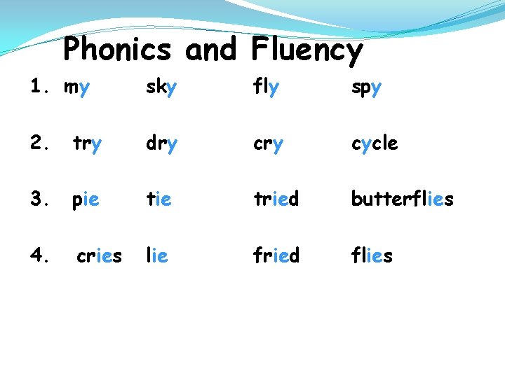 Phonics and Fluency 1. my sky fly spy 2. try dry cycle 3. pie