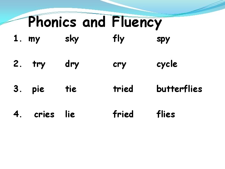 Phonics and Fluency 1. my sky fly spy 2. try dry cycle 3. pie