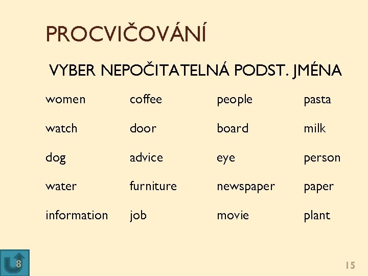 PROCVIČOVÁNÍ VYBER NEPOČITATELNÁ PODST. JMÉNA 8 women coffee people pasta watch door board milk PROCVIČOVÁNÍ VYBER NEPOČITATELNÁ PODST. JMÉNA 8 women coffee people pasta watch door board milk