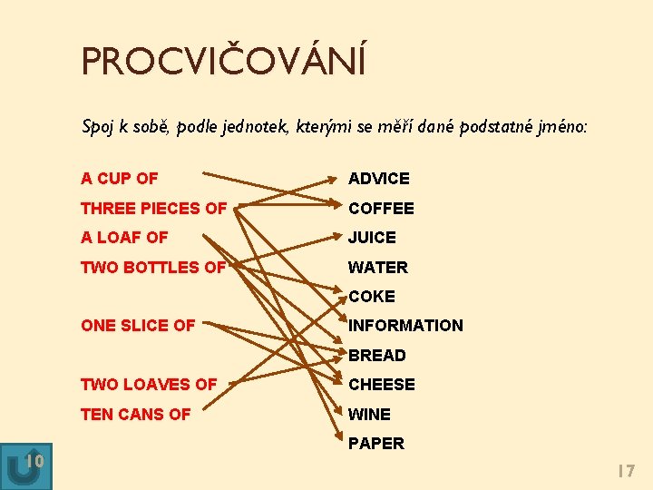 PROCVIČOVÁNÍ Spoj k sobě, podle jednotek, kterými se měří dané podstatné jméno: A CUP PROCVIČOVÁNÍ Spoj k sobě, podle jednotek, kterými se měří dané podstatné jméno: A CUP