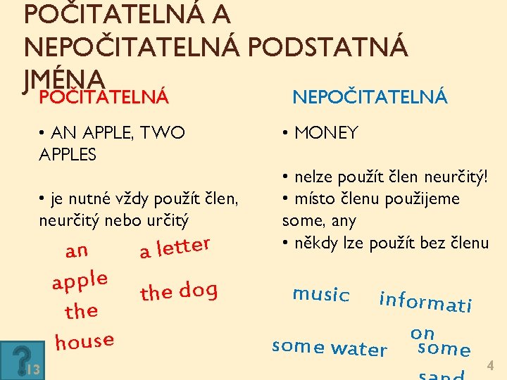 POČITATELNÁ A NEPOČITATELNÁ PODSTATNÁ JMÉNA POČITATELNÁ NEPOČITATELNÁ • AN APPLE, TWO APPLES • je POČITATELNÁ A NEPOČITATELNÁ PODSTATNÁ JMÉNA POČITATELNÁ NEPOČITATELNÁ • AN APPLE, TWO APPLES • je