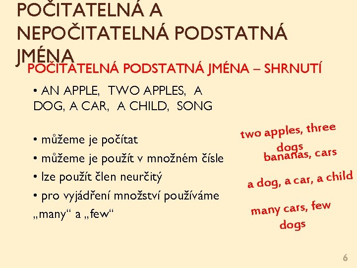 POČITATELNÁ A NEPOČITATELNÁ PODSTATNÁ JMÉNA – SHRNUTÍ • AN APPLE, TWO APPLES, A DOG, POČITATELNÁ A NEPOČITATELNÁ PODSTATNÁ JMÉNA – SHRNUTÍ • AN APPLE, TWO APPLES, A DOG,
