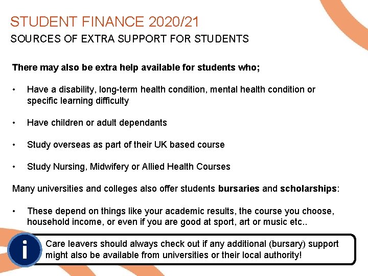 STUDENT FINANCE 2020/21 NAL SUPPORT ADDITIO SOURCES OF EXTRA SUPPORT FOR STUDENTS There may