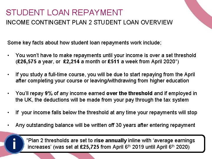 STUDENT LOAN REPAYMENT INCOME CONTINGENT PLAN 2 STUDENT LOAN OVERVIEW Some key facts about