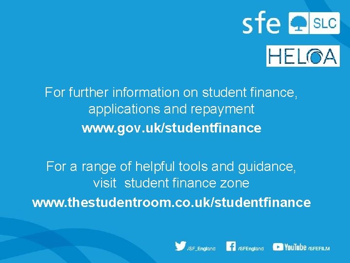 For further information on student finance, applications and repayment www. gov. uk/studentfinance For a