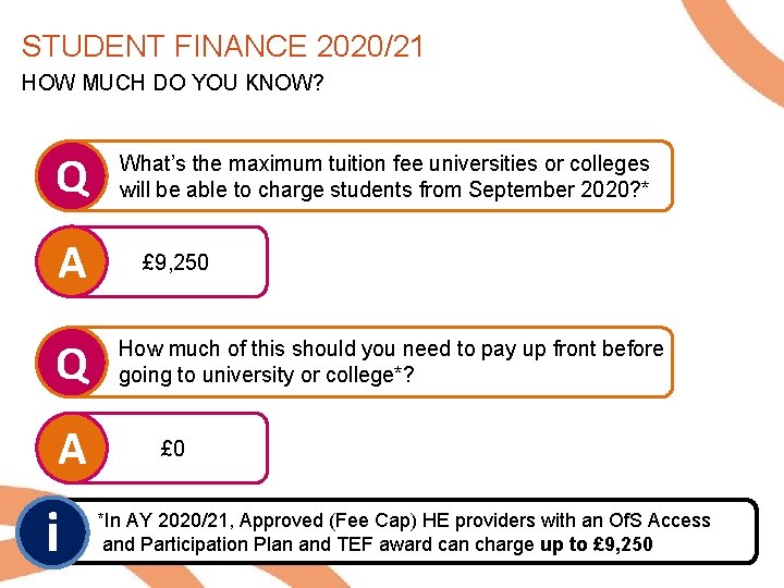 STUDENT FINANCE 2020/21 HOW MUCH DO YOU KNOW? Q A i What’s the maximum