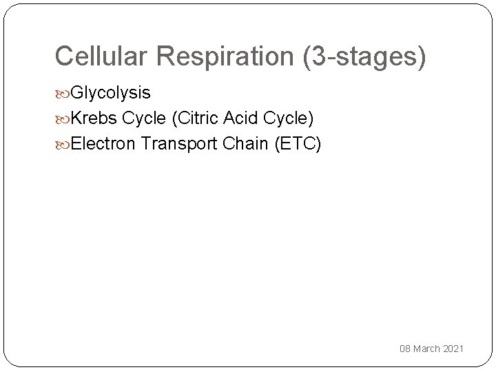 Cellular Respiration (3 -stages) Glycolysis Krebs Cycle (Citric Acid Cycle) Electron Transport Chain (ETC)