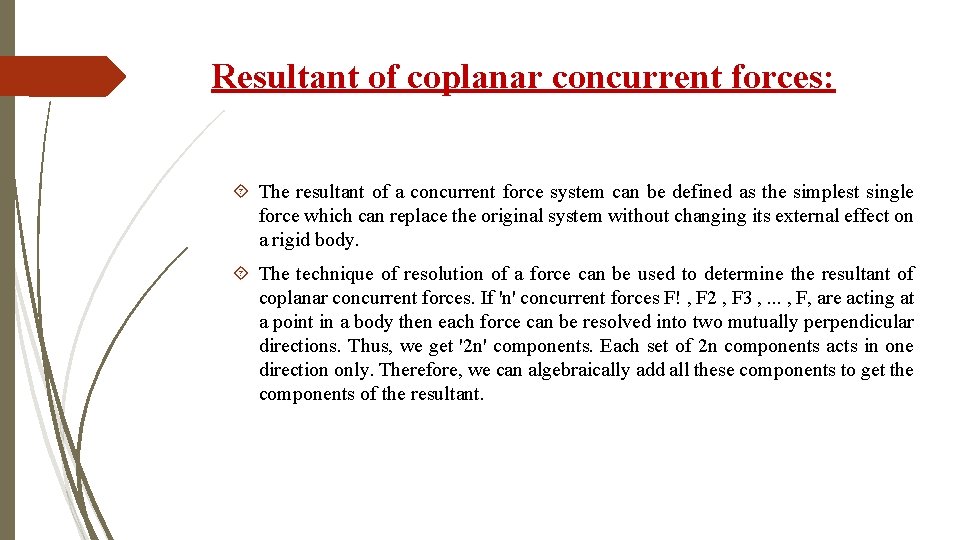 Resultant of coplanar concurrent forces: The resultant of a concurrent force system can be