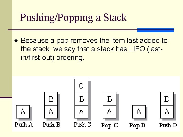 Pushing/Popping a Stack l Because a pop removes the item last added to the