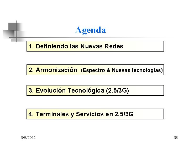 Agenda 1. Definiendo las Nuevas Redes 2. Armonización (Espectro & Nuevas tecnologías) 3. Evolución