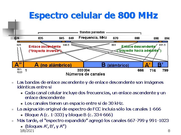 Espectro celular de 800 MHz Bandas pareadas 824 835 825 Enlace ascendente (“trayecto inverso”)