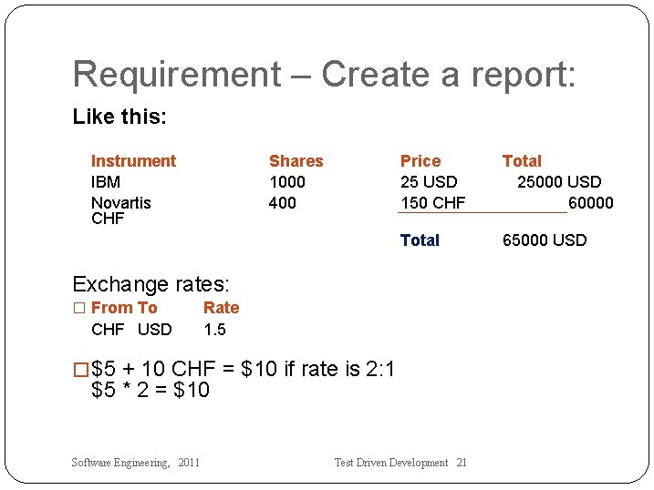 Requirement – Create a report: Like this: Instrument IBM Novartis CHF Shares 1000 400