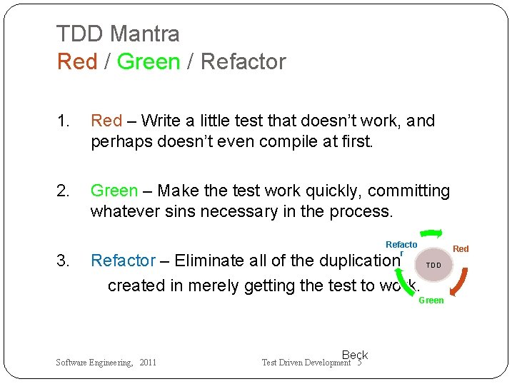 TDD Mantra Red / Green / Refactor 1. Red – Write a little test