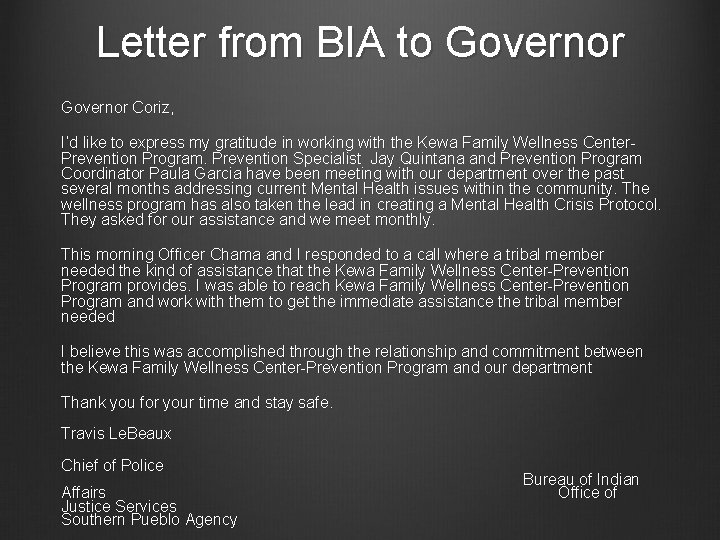 Letter from BIA to Governor Coriz, I’d like to express my gratitude in working