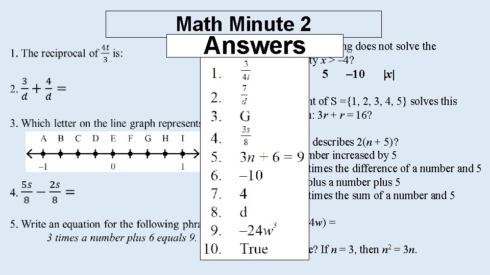 Math Minute 2 6. Which of the following does not solve the Answers inequality