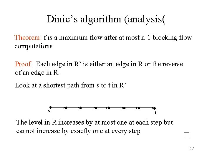 Dinic’s algorithm (analysis( Theorem: f is a maximum flow after at most n-1 blocking