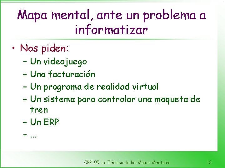 Mapa mental, ante un problema a informatizar • Nos piden: – – Un videojuego