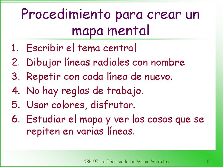 Procedimiento para crear un mapa mental 1. 2. 3. 4. 5. 6. Escribir el