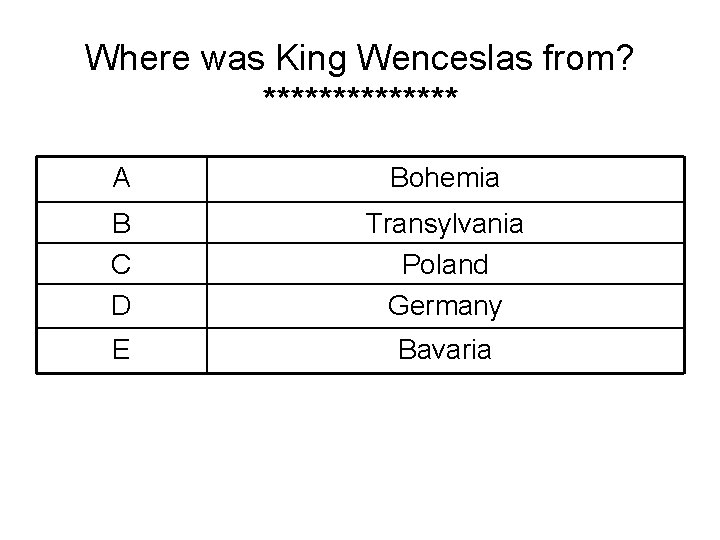 Where was King Wenceslas from? ******* A Bohemia B C D Transylvania Poland Germany Where was King Wenceslas from? ******* A Bohemia B C D Transylvania Poland Germany