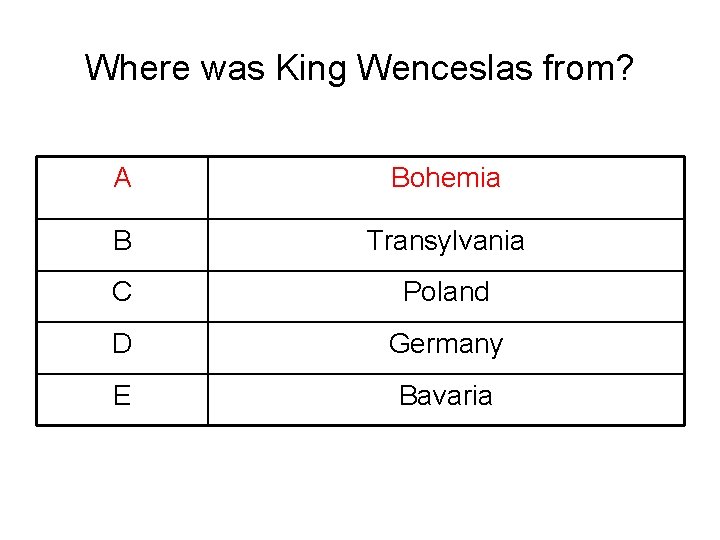 Where was King Wenceslas from? A Bohemia B Transylvania C Poland D Germany E Where was King Wenceslas from? A Bohemia B Transylvania C Poland D Germany E