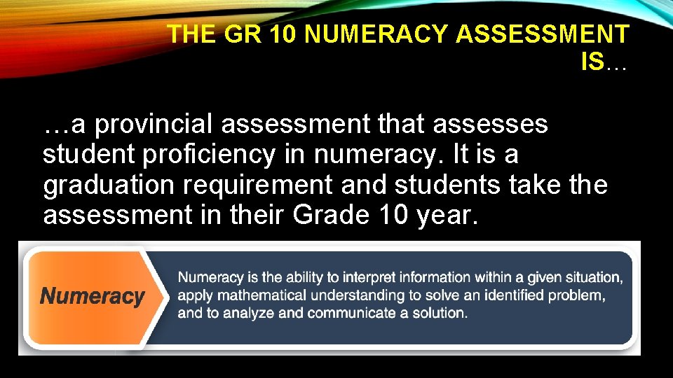 THE GR 10 NUMERACY ASSESSMENT IS… …a provincial assessment that assesses student proficiency in