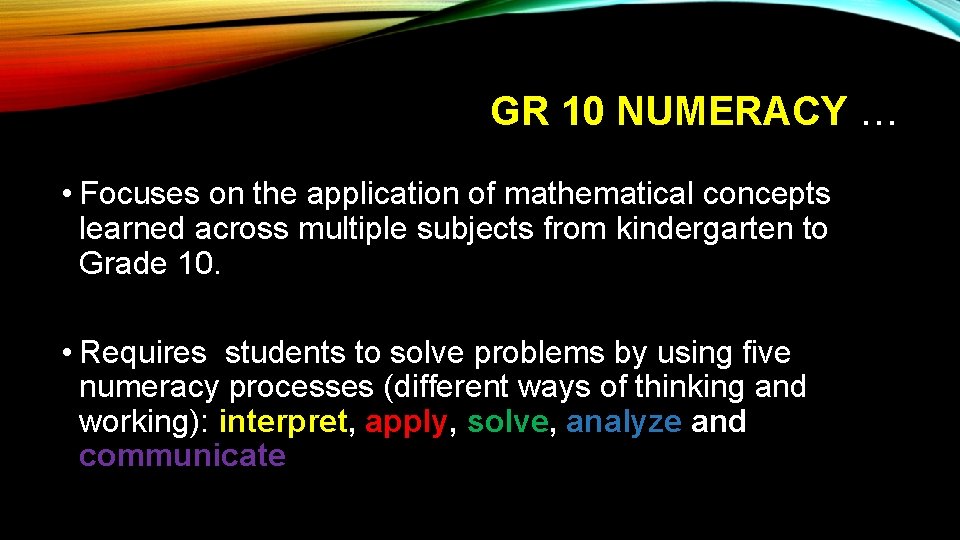 GR 10 NUMERACY … • Focuses on the application of mathematical concepts learned across