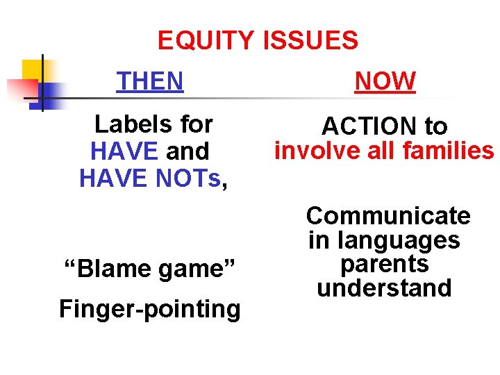 EQUITY ISSUES THEN NOW Labels for HAVE and HAVE NOTs, ACTION to involve all