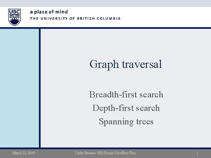 Graph traversal Breadth-first search Depth-first search Spanning trees March 25, 2019 Cinda Heeren /