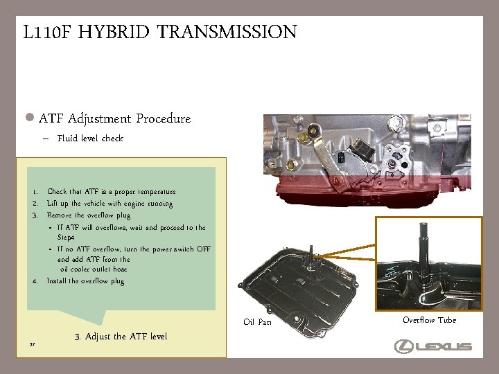 L 110 F HYBRID TRANSMISSION l ATF Adjustment – Fluid level check Procedure 1.